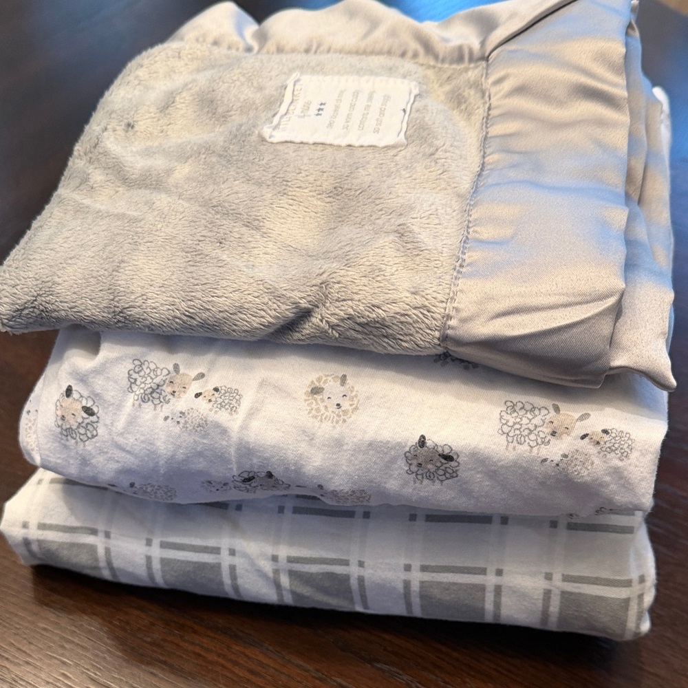 2 Cotton Fitted Crib Sheets Gray White Nursery Bedding Set + Blanket